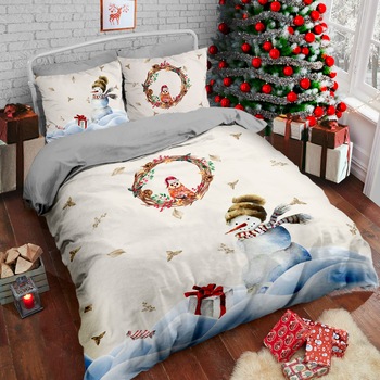 Lenjerie pat dublu 3D Craciun, bumbac 100% ranforce, 4 piese, 240 x 260 cm, Club Cotton, Chiltone Lenjerie pat dublu 3D Craciun, bumbac 100% ranforce, 4 piese, 240 x 260 cm, Club Cotton, Chiltone