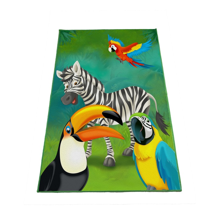 Детски килим Brill Parrots, 130x190 см, дебелина 2,5 мм, щампа, полиестер, може да се пере, лъскав външен вид, неплъзгащ се, 750 г, шарка на папагал