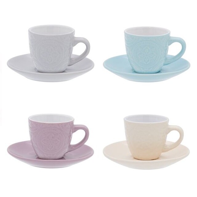 Set 4 cani ceramice si 4 Farfurii pentru cafea, cu model in relief, 90 ml, Multicolor