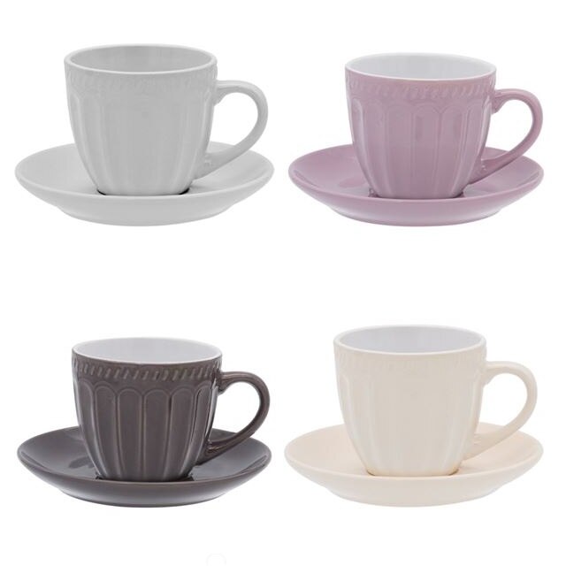 Set 4 cani ceramice si 4 Farfurii pentru cafea, cu dungi in relief, 250 ml, Multicolor