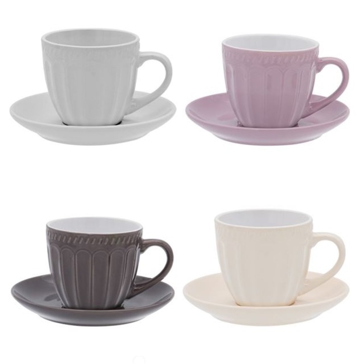 Set 4 cani ceramice si 4 Farfurii pentru cafea, cu dungi in relief, 250 ml, Multicolor