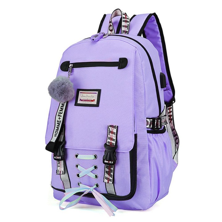 Ghiozdan Smart pentru Copii, Mercaton, Material Impermeabil, Port USB, Lacat anti-furt, 20 - 35 L, 30 x 14 x 47 cm, Violet