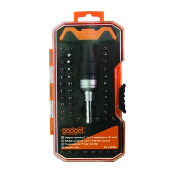 Set 2 in 1 biti/surubelnita cu clichet Gadget, 1/4 inch, maner T, 61 piese Set 2 in 1 biti/surubelnita cu clichet Gadget, 1/4 inch, maner T, 61 piese