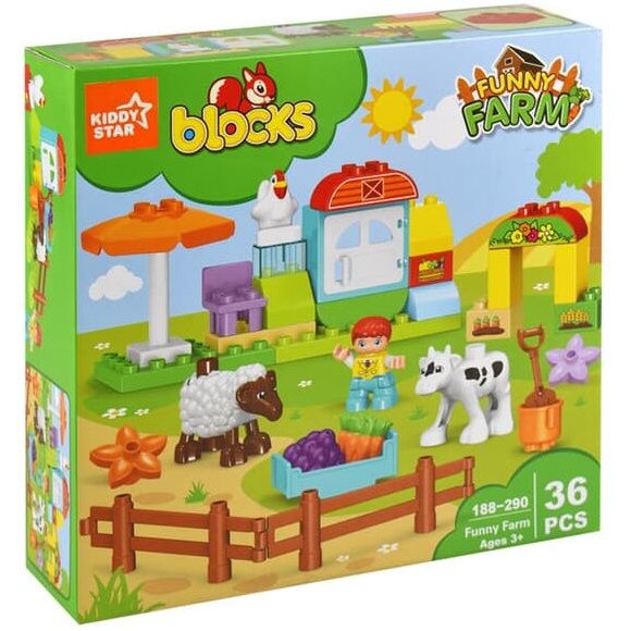 Joc de constructie cu animale Funny Farm , LELE, fermier in gospodarie, vaca , oaie, gaina, 36 piese, +3 ani, 29x27x8 cm