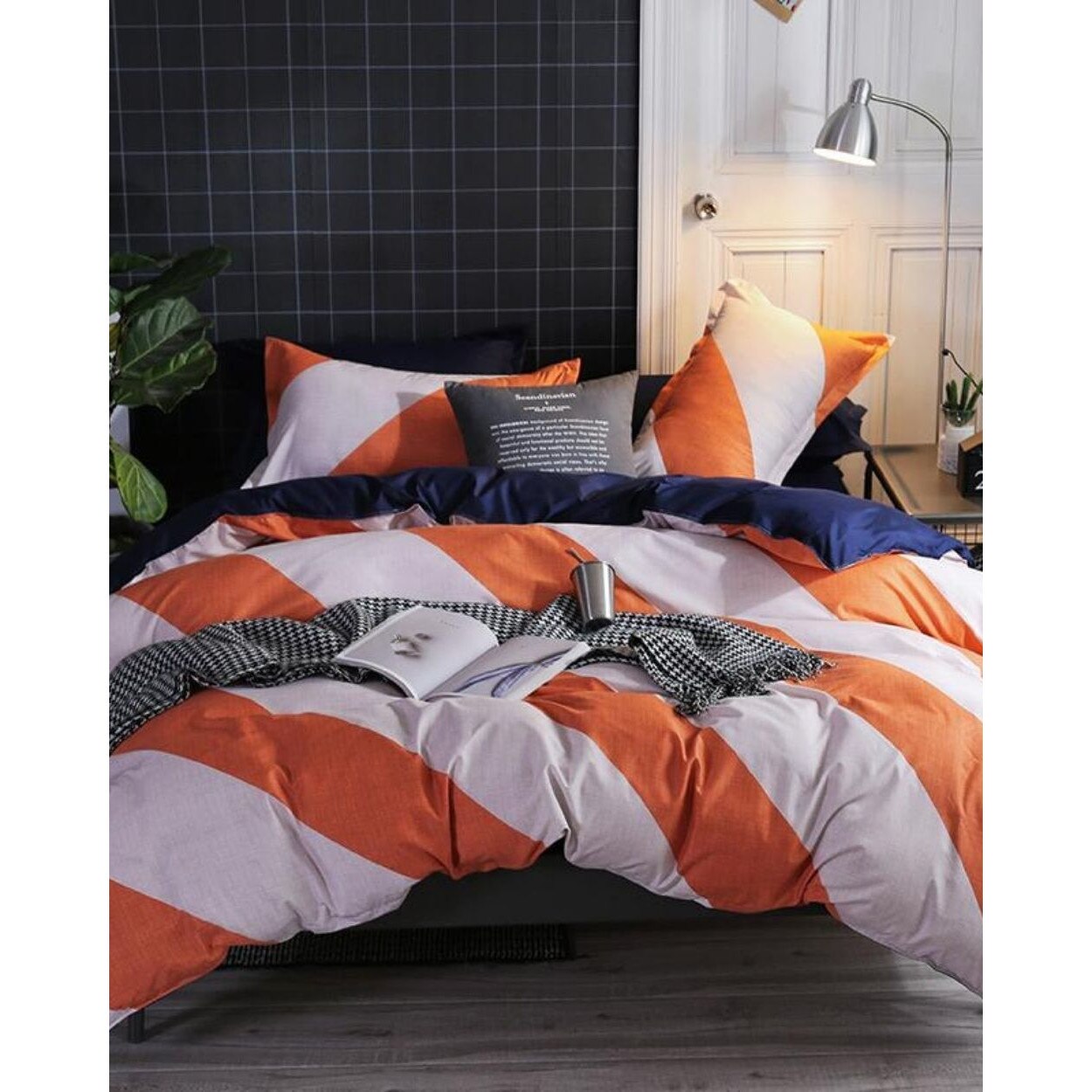 Lenjerie Bumbac Satinat 2 Fete - 4 Piese - Orange Stripes