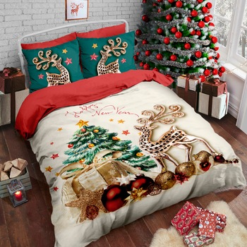 Lenjerie pat dublu 3D Craciun, bumbac 100% ranforce, 4 piese, 240 x 260 cm, Club Cotton, Goldy Lenjerie pat dublu 3D Craciun, bumbac 100% ranforce, 4 piese, 240 x 260 cm, Club Cotton, Goldy