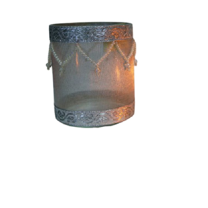 Стъклен свещник Stilvera, сив, органза, мъниста, 7х8 см