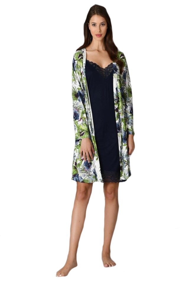 Compleu camasa de noapte, NBB, cu halat, Alb/Verde/Negru