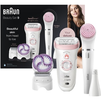 Epilator Braun Silk-épil 9 9/975 BS Beauty Set, SensoSmart™, Micro-Grip, Wet & Dry, 40 pensete, 2 viteze, cap de ras, Braun FaceSpa cu 4 accesorii, Suport alimentare, manusa calmanta, Saculet de voiaj, Alb/Roz Epilator Braun Silk-épil 9 9/975 BS Beauty Set, SensoSmart™, Micro-Grip, Wet & Dry, 40 pensete, 2 viteze, cap de ras, Braun FaceSpa cu 4 accesorii, Suport alimentare, manusa calmanta, Saculet de voiaj, Alb/Roz