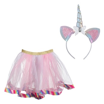 Set costum zana unicorn, de culoare roz cu sclipici,include cordeluta si tutu cu elastic colorat Set costum zana unicorn, de culoare roz cu sclipici,include cordeluta si tutu cu elastic colorat