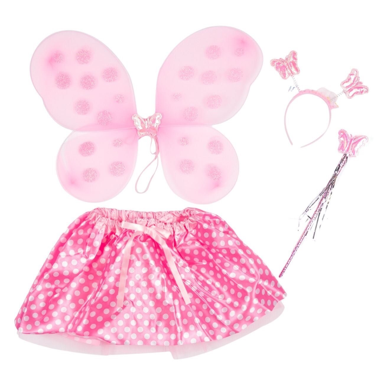 Set costum zana fluturas, de culoare roz,include aripioare de fluturas, bagheta magica, cordeluta si tutu cu elastic colorat