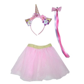 Set costum zana unicorn, de culoare roz,care include cordeluta si tutu cu elastic colorat Set costum zana unicorn, de culoare roz,care include cordeluta si tutu cu elastic colorat