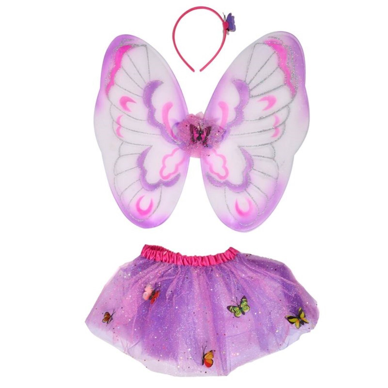 Set costum zana, model fluturas, multicolor, include cordeluta magica, aripii de fluturas si tutu cu elastic colorat