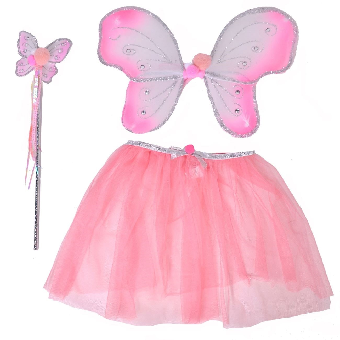Set costum zana, de culoare roz,include bagheta magica, aripioare de fluturas si tutu cu elastic colorat