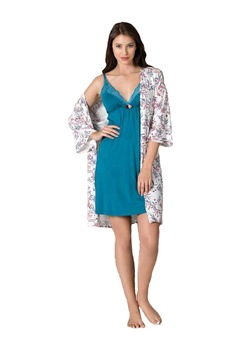 Compleu camasa de noapte, NBB, cu halat, culoare alb/crem/turcoz, marime m Compleu camasa de noapte, NBB, cu halat, culoare alb/crem/turcoz, marime m