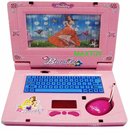 Jucarie laptop muzical pentru copii, interactiv, divertisment educativ, pentru fete, personaje din desene, mov/roz