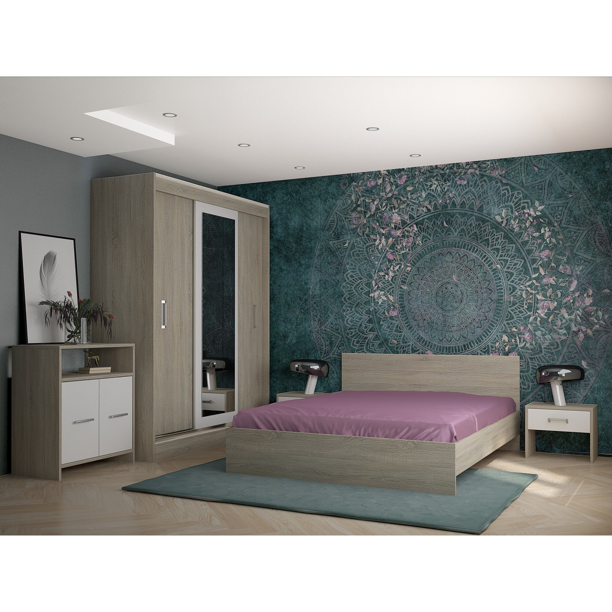 Set Dormitor Bianka Stejar/Alb cu comoda