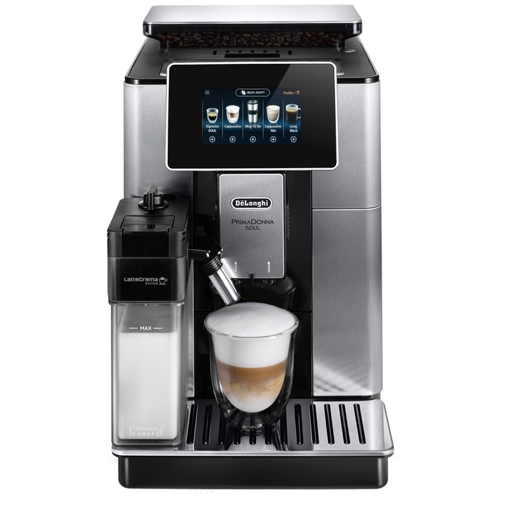Espressor automat De’Longhi PrimaDonna SOUL ECAM 610.74.MB, Carafa pentru lapte, Sistem LatteCrema, Rasnita cu tehnologie Bean Adapt, Coffee Link App, 1450W, 19 bar, 2.2 l, Cana calatorie, Negru - Argintiu
