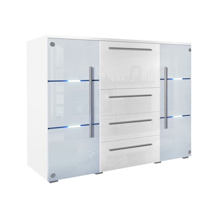 Comoda Brita, MIRJAN 24, alb / alb lucios, cu iluminare, 136x115x39 cm