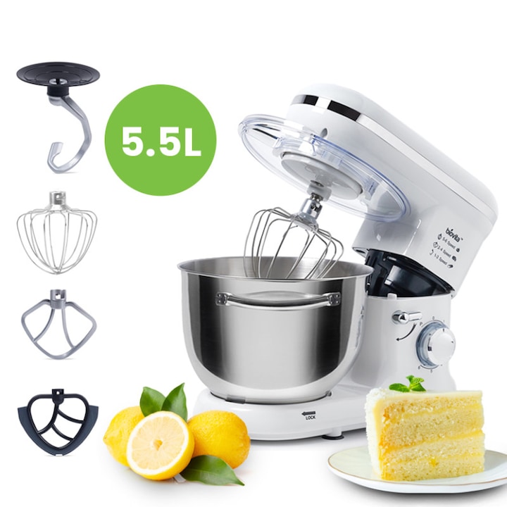 Mixer cu bol din inox Biovita MB-1300PRO, 1400 W, Bol 5.5 L inox, 6 Viteze, Functie Pulse, Alb
