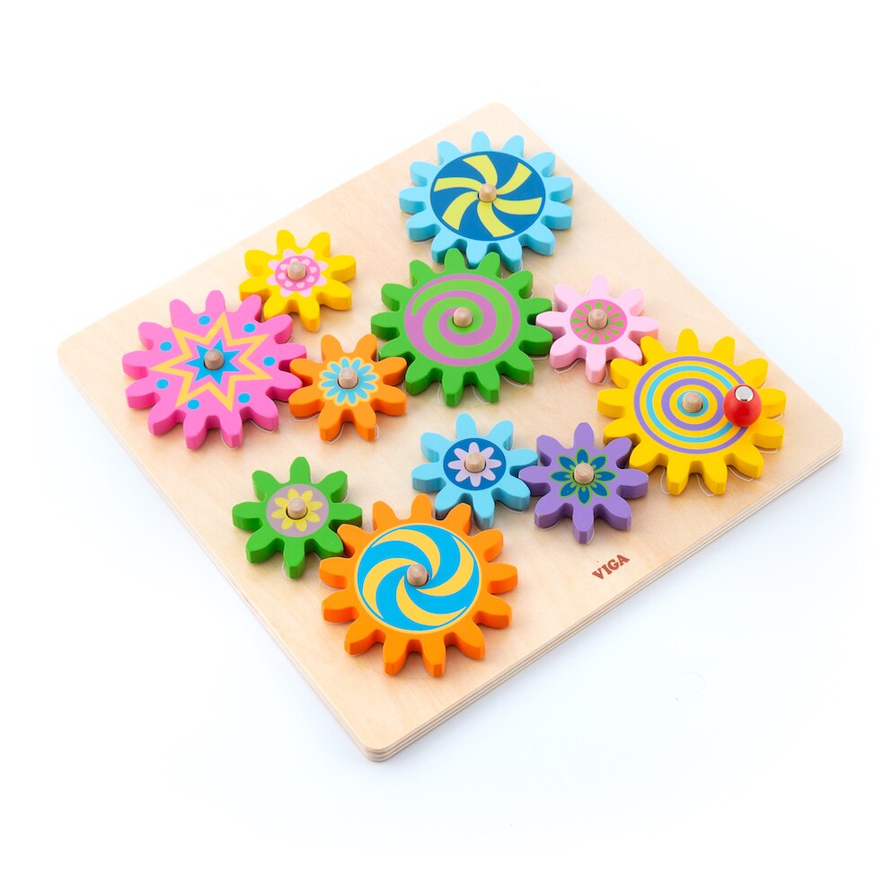 Joc Engenius cu roti zimtate din lemn, multicolor, 12 piese