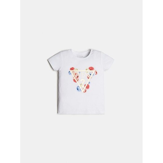 Tricou fete, Guess, cu logo si flori, Alb