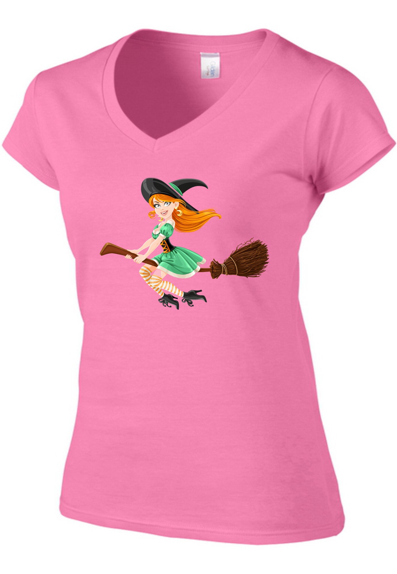 Tricou dama Halloween, Trendy Witch light green dress, V-neck, Gildan - Softstyle, Roz, M