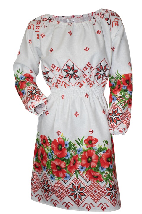 Rochie traditionala cu maneca lunga, Rosu/Alb