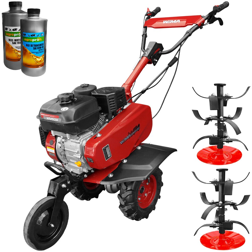 Set motosapa Weima WM 500, motor 7 CP, latime lucru 80 cm, freze, roti cauciuc 350x6, 2l ulei AgroPro