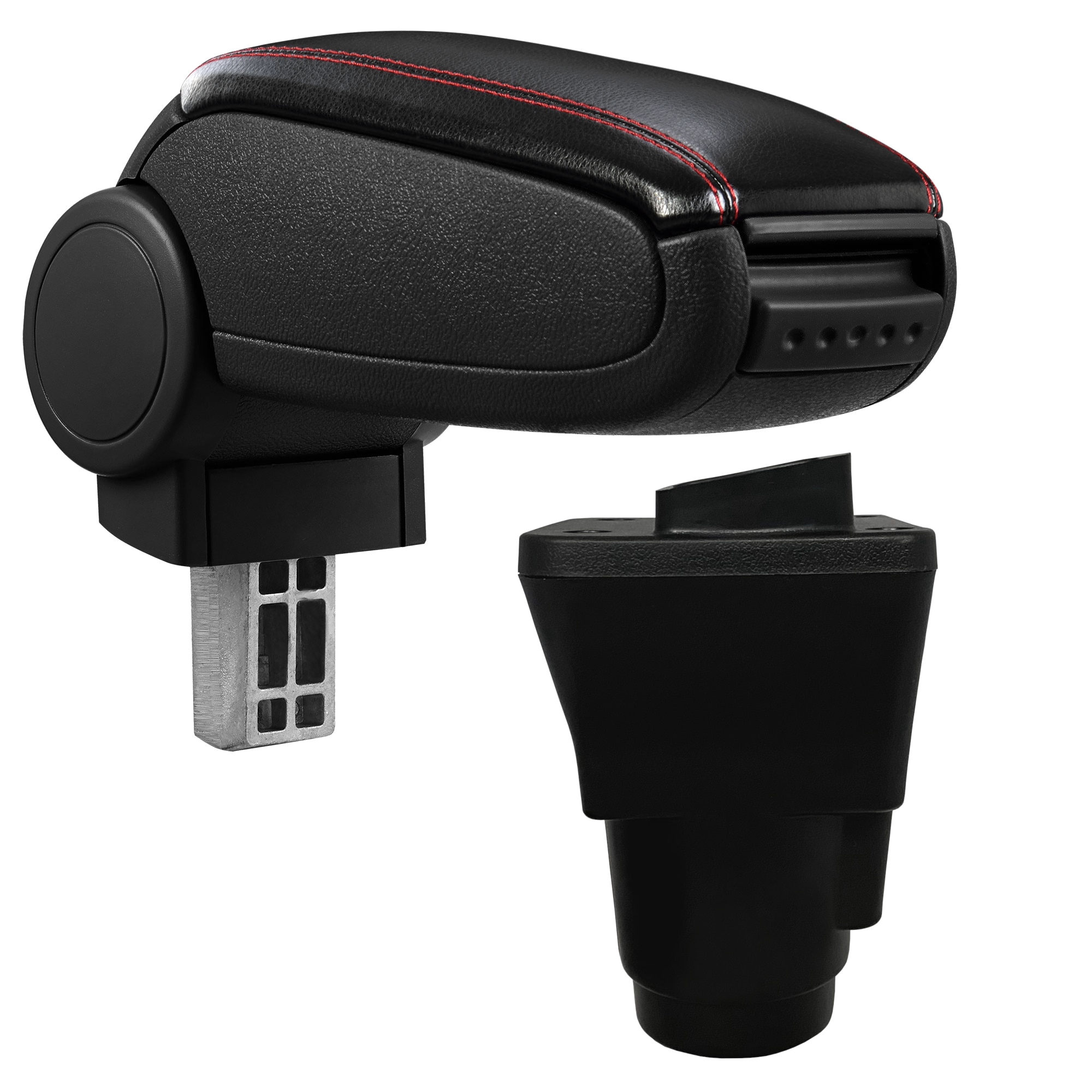 Cotiera auto, pro.tec, pentru Dacia Duster II, imitatie piele, negru cu cusatura rosie, cu compartiment depozitare