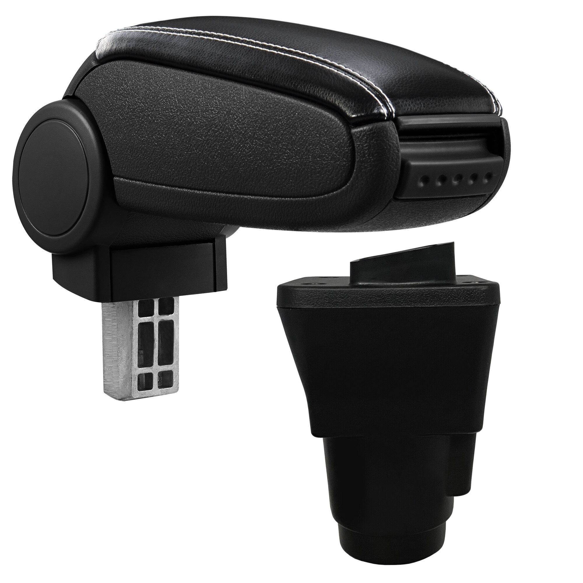 Cotiera auto, pro.tec, pentru Dacia Duster II, imitatie piele, negru cu cusatura alba, cu compartiment depozitare