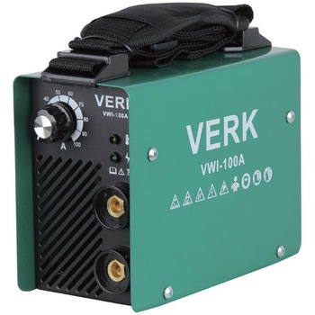 Invertor de sudura VERK VWI-100A, 100 A, 1-2.5 mm diametru electrod, ventilator racire, protectie termica, cabluri, masca, perie sarma, ciocan Invertor de sudura VERK VWI-100A, 100 A, 1-2.5 mm diametru electrod, ventilator racire, protectie termica, cabluri, masca, perie sarma, ciocan