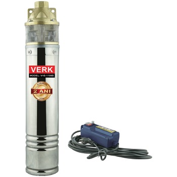 Pompa submersibila apa curata de adancime VERK V4S-1100B,corp inox, 1100 W, 3000 l/h debit maxim,inaltime refulare 50 m, absorbtie 50 m,panou de comanda Pompa submersibila apa curata de adancime VERK V4S-1100B,corp inox, 1100 W, 3000 l/h debit maxim,inaltime refulare 50 m, absorbtie 50 m,panou de comanda