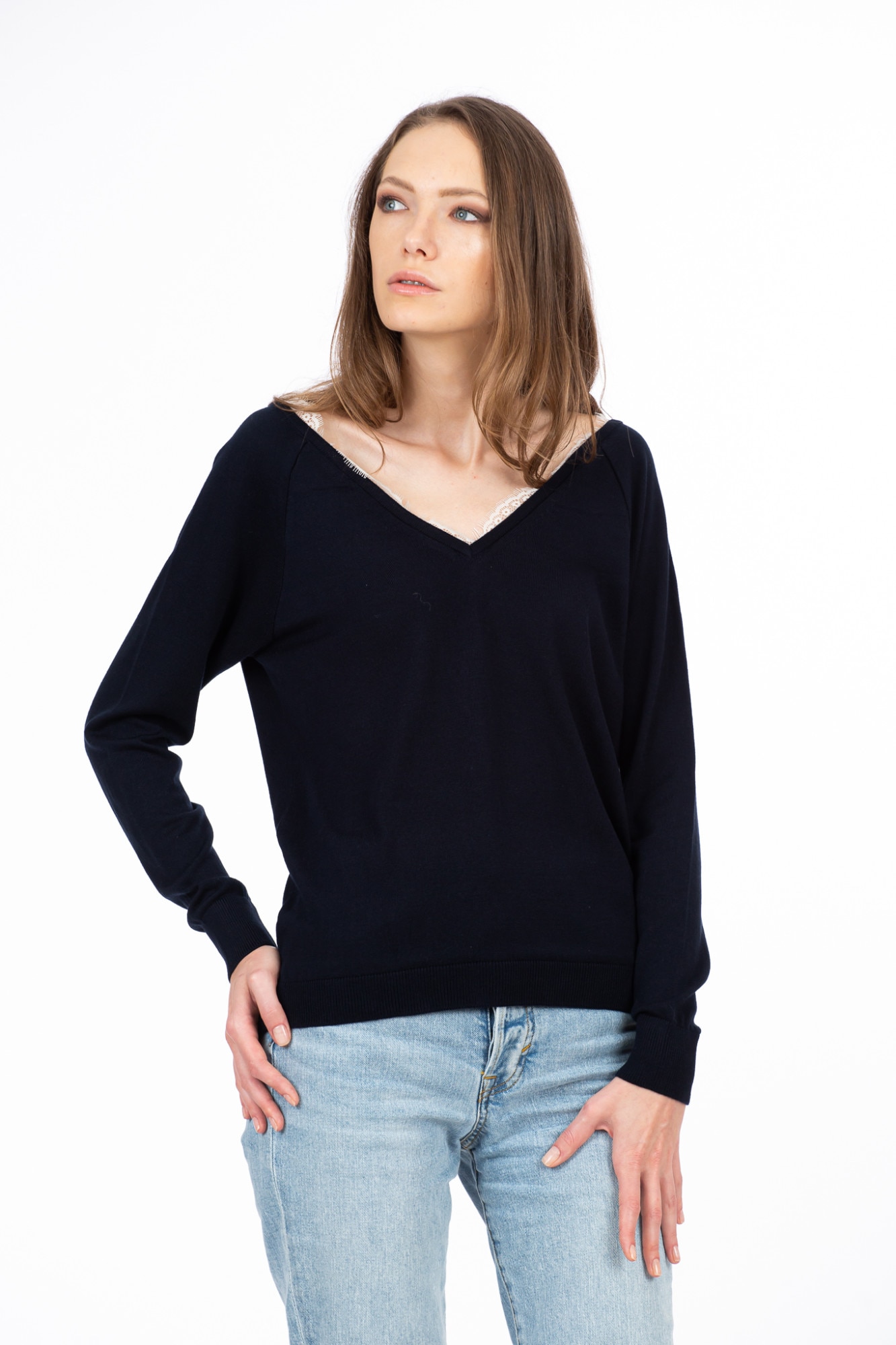 Bluza BE YOU in V si cu dantela_1, Bleumarin