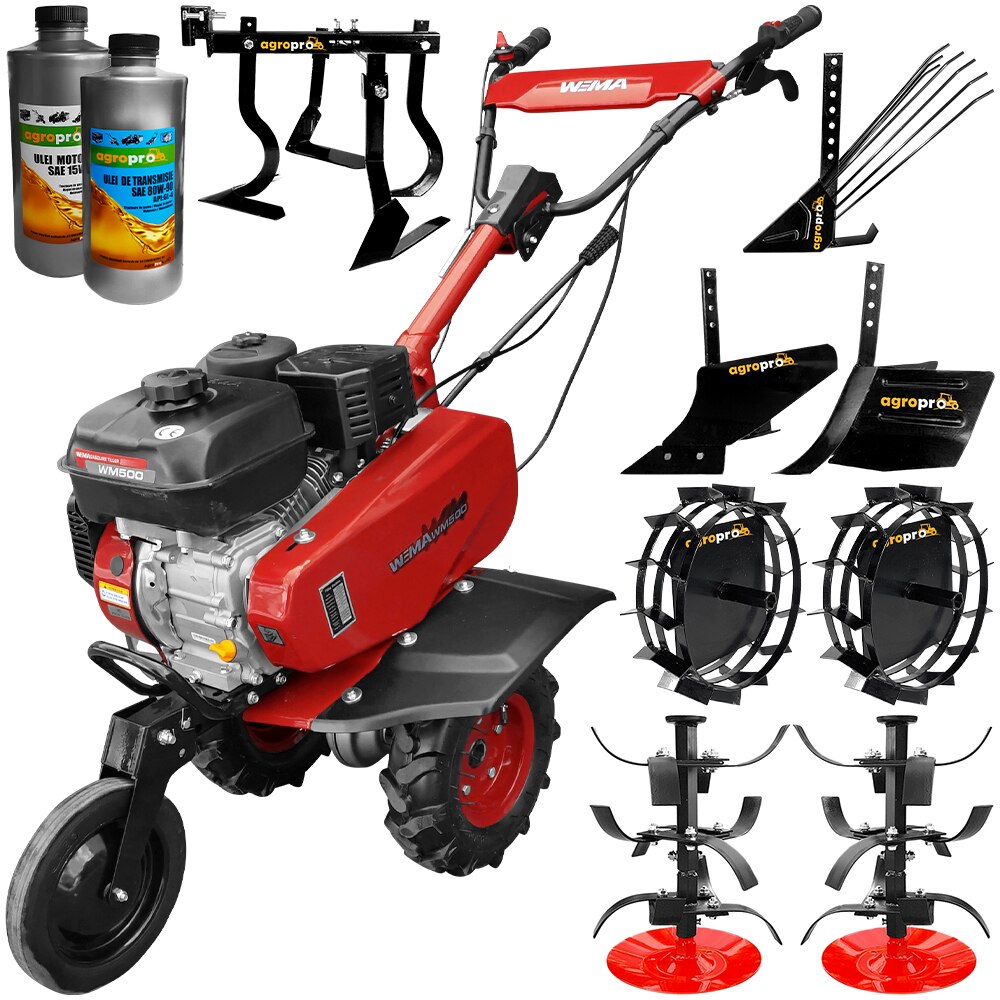 Set motosapa Weima WM 500, motor 7 CP, latime lucru 80 cm, freze, roti cauciuc 350x6, roti metal, rarita reglabila, plug arat, plug arat, plug cartofi, cultivator, 2l ulei AgroPro