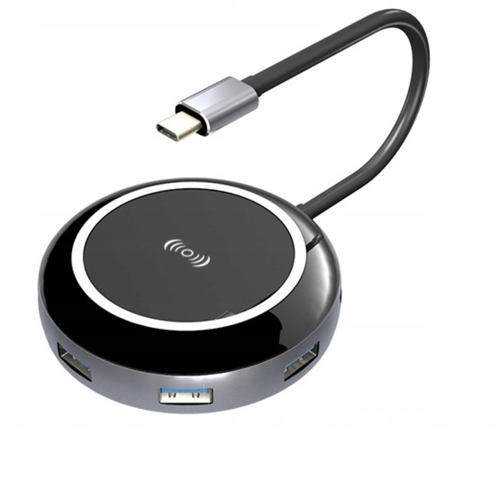 Pawonik индукционно зарядно устройство и адаптер, LAN USB-C HUB 3.0 HDMI LAN, черен