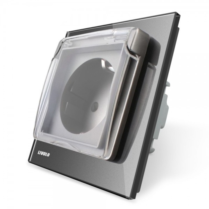 Priza simpla Livolo cu rama din sticla si capac de protectie rezistent la apa gri, VL-C7C1EUWF-15