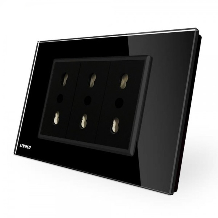 Priza tripla italiana Livolo cu rama din sticla standard italian negru, VL-C3C3AIT-82