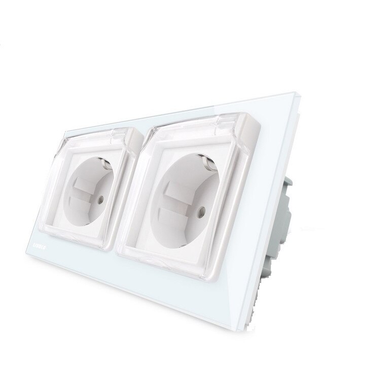 Priza dubla Livolo, rama din sticla, cu capac de protectie, Alb