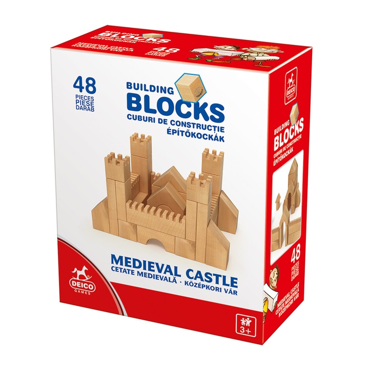 Cuburi constructie lemn Deico Games - Cetate medievala, 48 piese