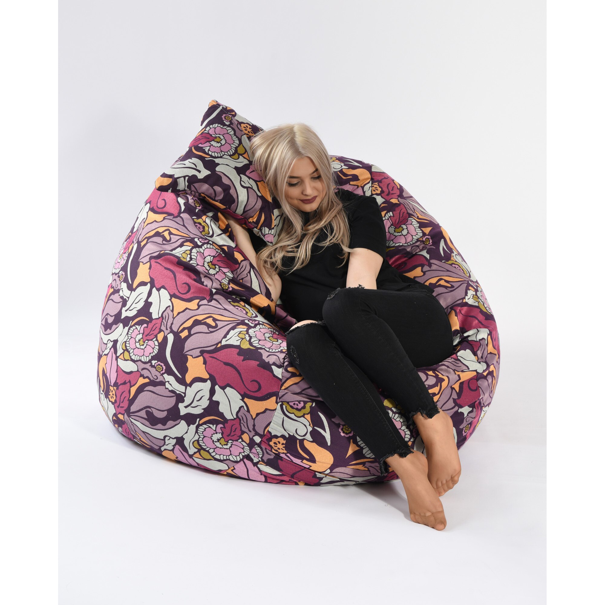 Fotoliu Pufrelax King Size si perna decorativa Flower Power (Gama Premium Textil), umplut cu fulgi de burete memory mix