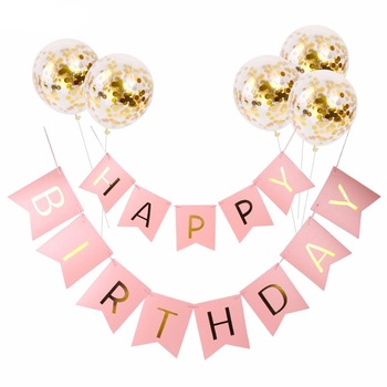 Set 5 baloane confetti auriu + banner Happy Birthday roz Set 5 baloane confetti auriu + banner Happy Birthday roz