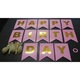 Set 5 baloane confetti auriu + banner Happy Birthday roz