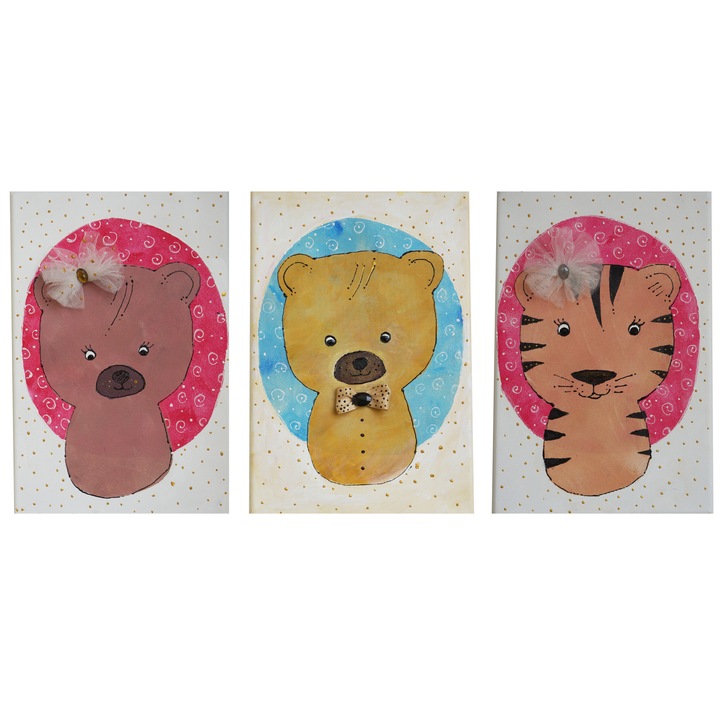 Set 3 tablouri canvas camera copii, 2 ursuleti si un tigru pictat manual decoratiune pentru fetite si baieti, BeYa Studio, 20x30 cm