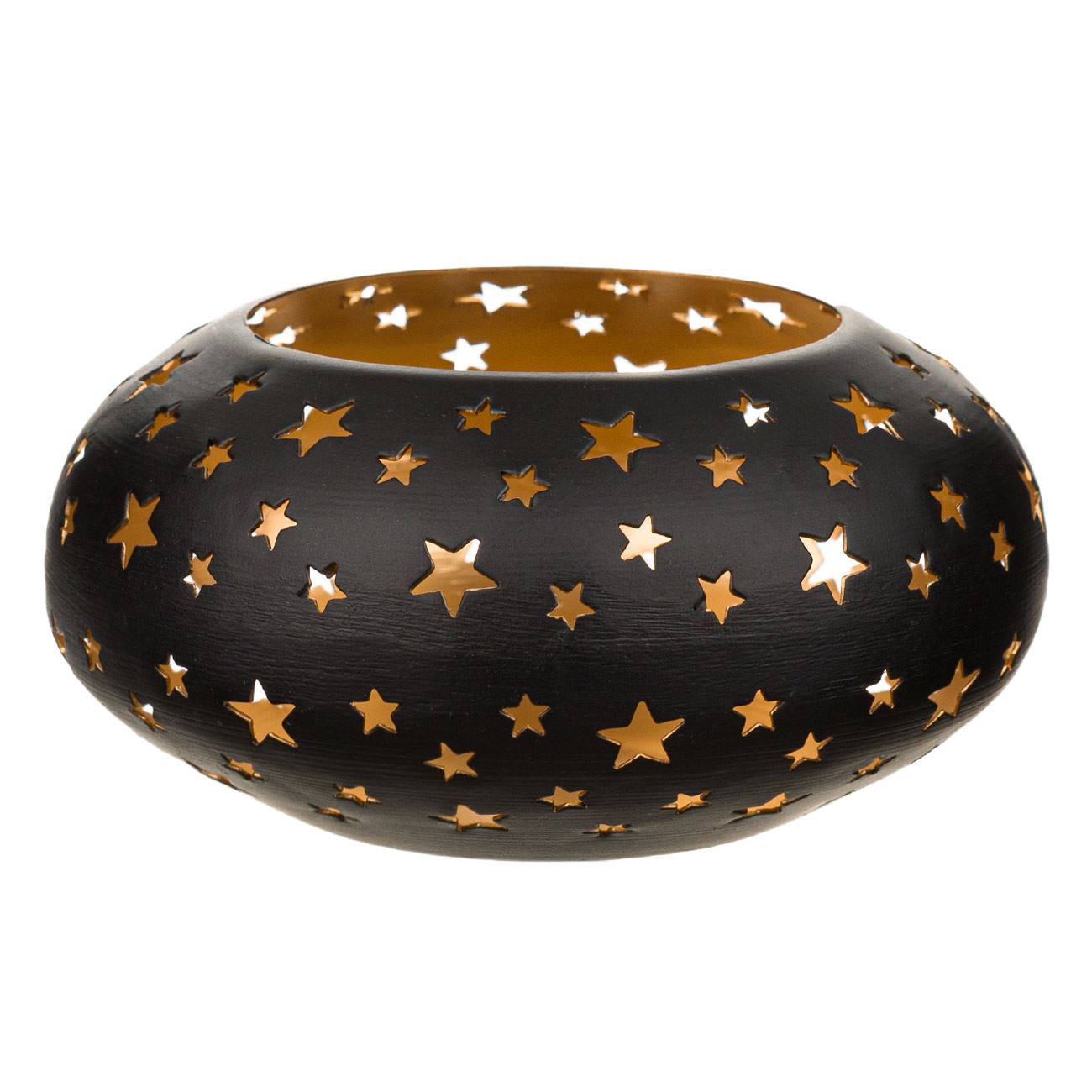 Suport lumanare oval, negru, cu stelute, din metal, 14 cm