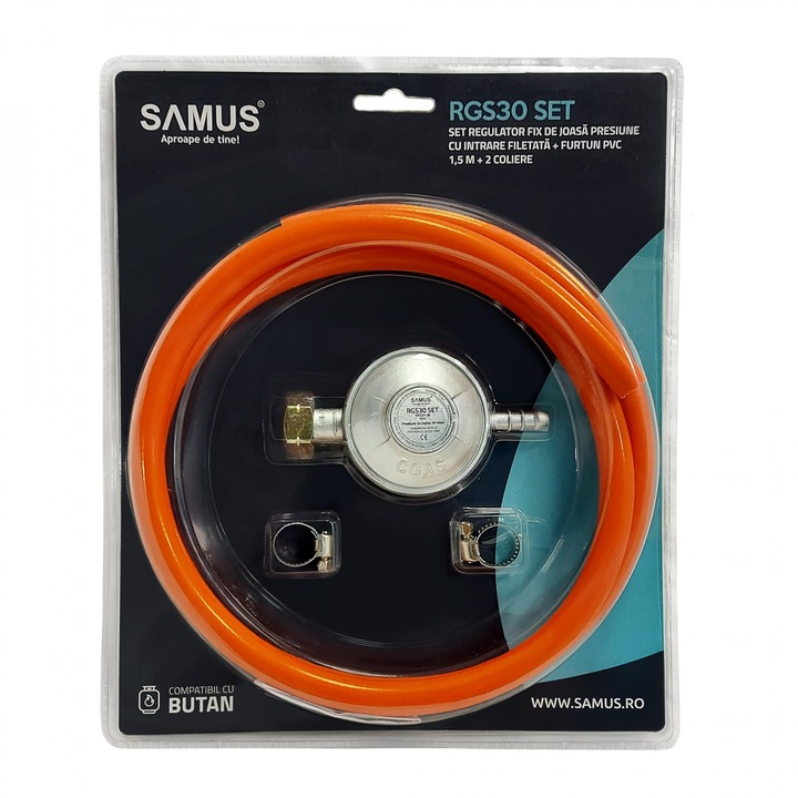 Set Regulator Fix de Joasa Presiune Samus RGS30, Furtun 1,5 m, Tip C31-30, Gaz Butan