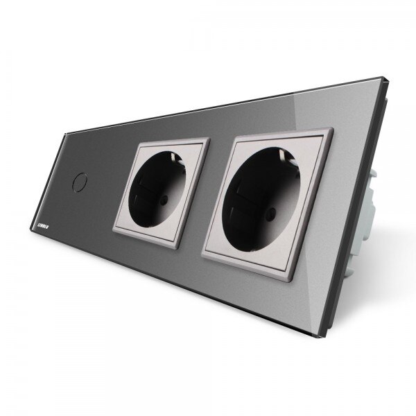 Intrerupator LIVOLO simplu cap scara / cap cruce cu touch si 2 prize din sticla gri, VL-C701S/C7-C2EU-15