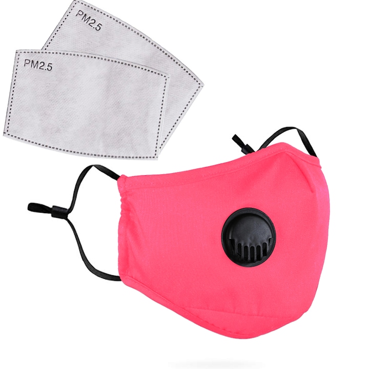 3 rétegű maszk 2db 5 rétegű N95 aktívszén betéttel, légzéskönnyítő szeleppel, állítható fülrésszel - Sötétrózsaszín / Pink