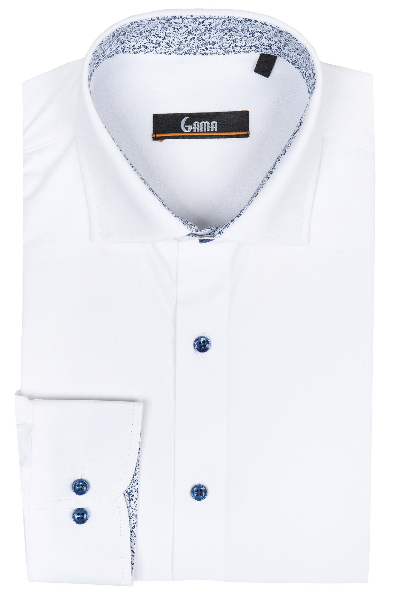 Camasa regular alba cu insertie bleumarin cu paisley la guler