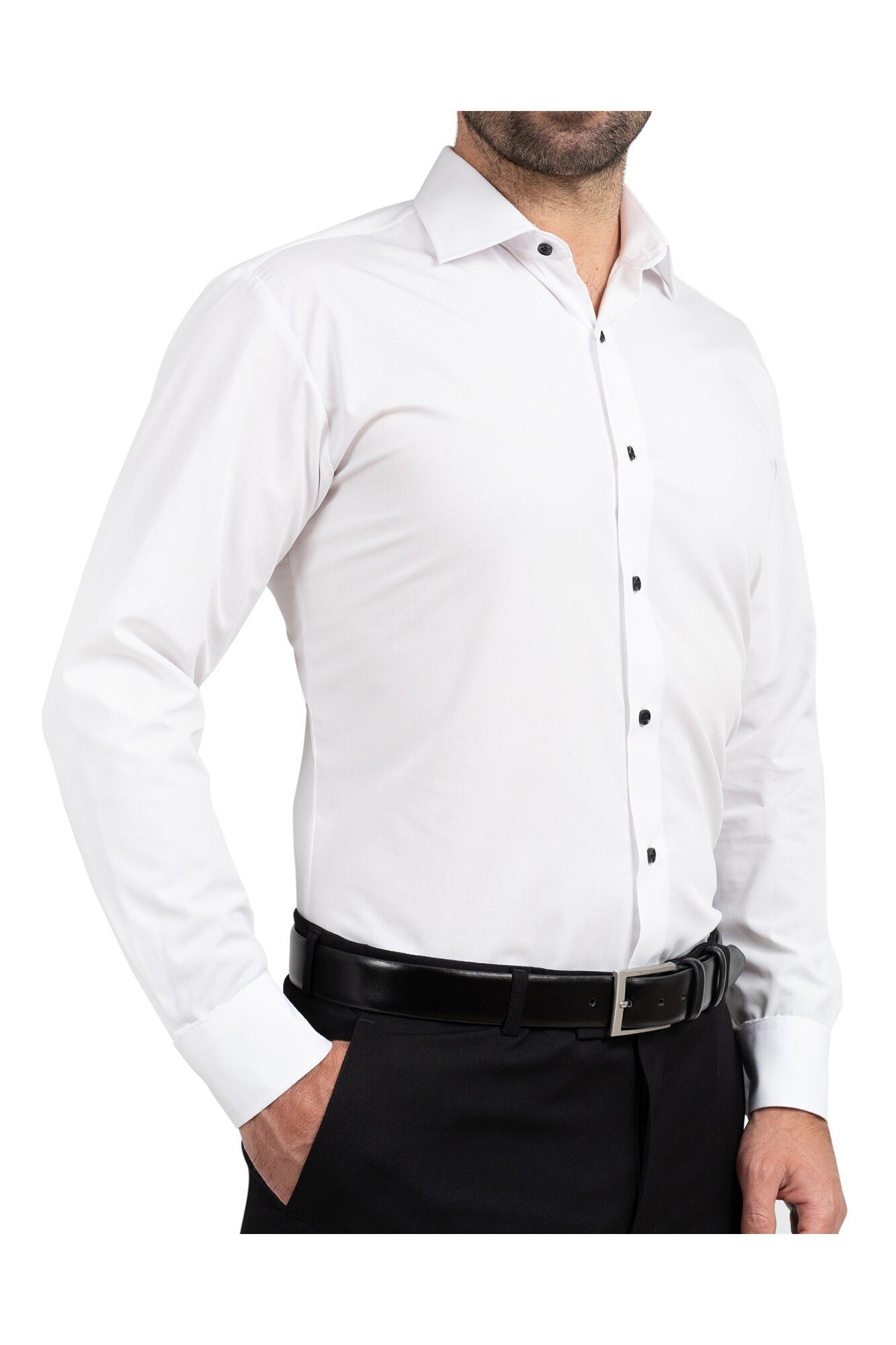 Camasa slim fit alba cu nasturi negri